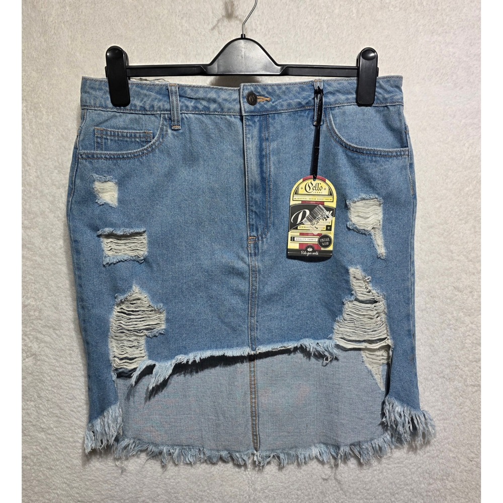 Cello‎ Jeans Distressed Denim Mini Skirt Blue Raw Hem Size L